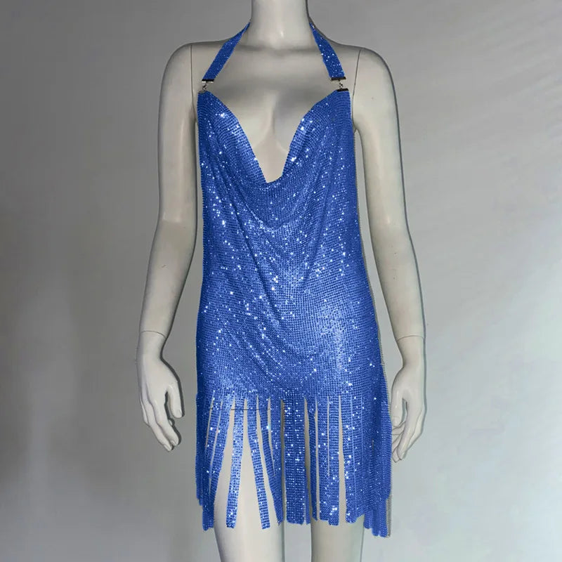 Metal Rhinestone Bodycon Mini Dress - Backless Party Dress