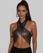 Diamond Fishnet Halter Top - Rhinestone Backless Performance Cami