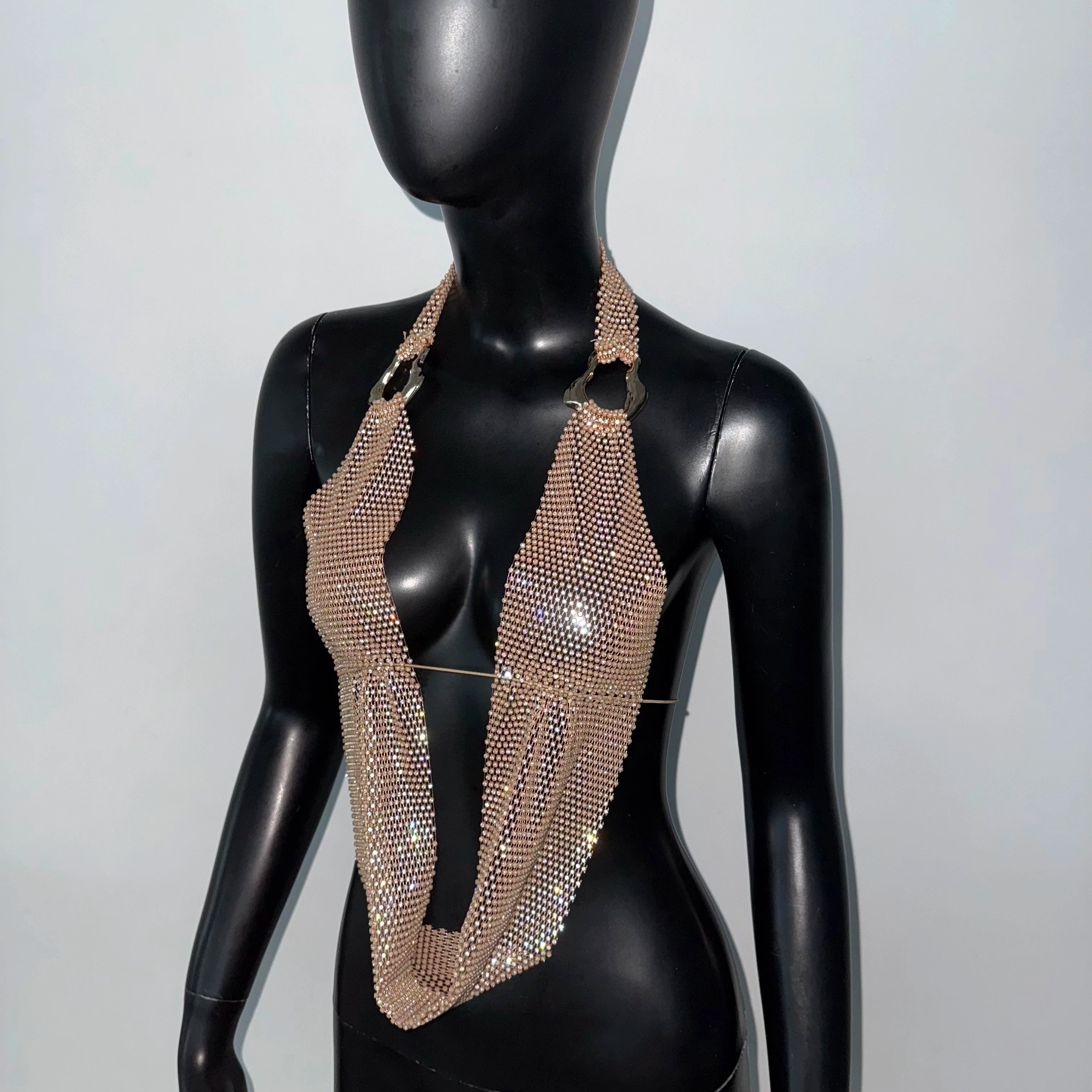 Rhinestone Mesh Halter Crop Top - Sheer Backless