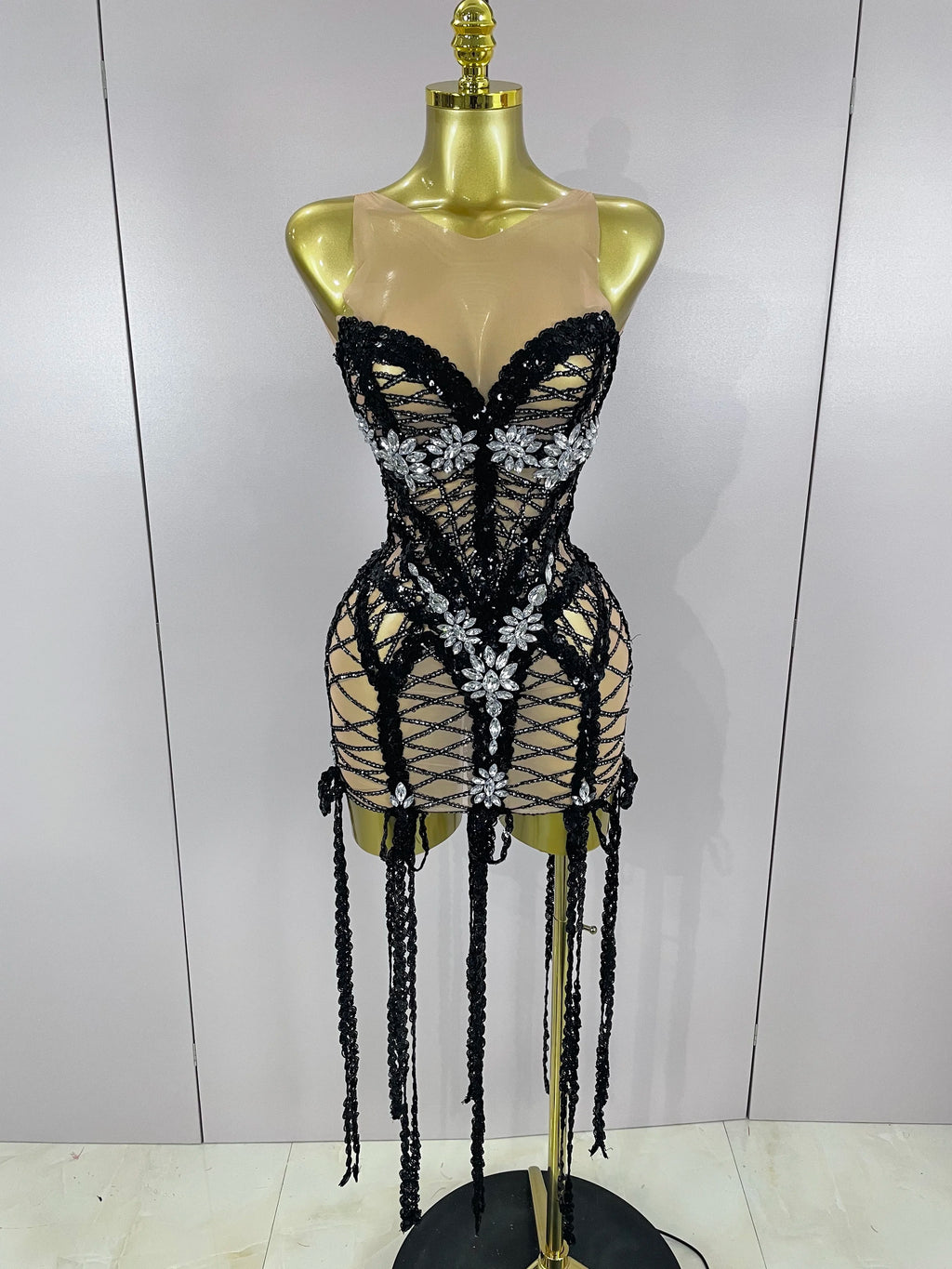 Sequin Diamond Tassel Mini Dress | Black | XS–XL