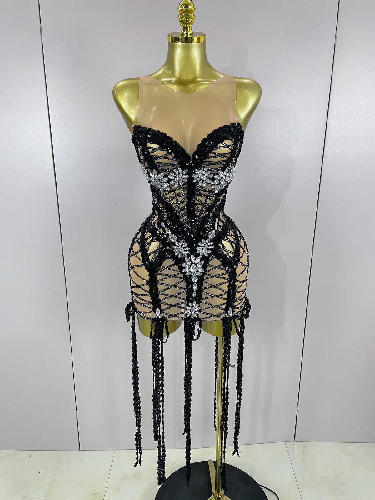 Sequin Diamond Tassel Mini Dress | Black | XS–XL