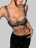 Rhinestone Fishnet Mesh Hollow-Out Crop Top
