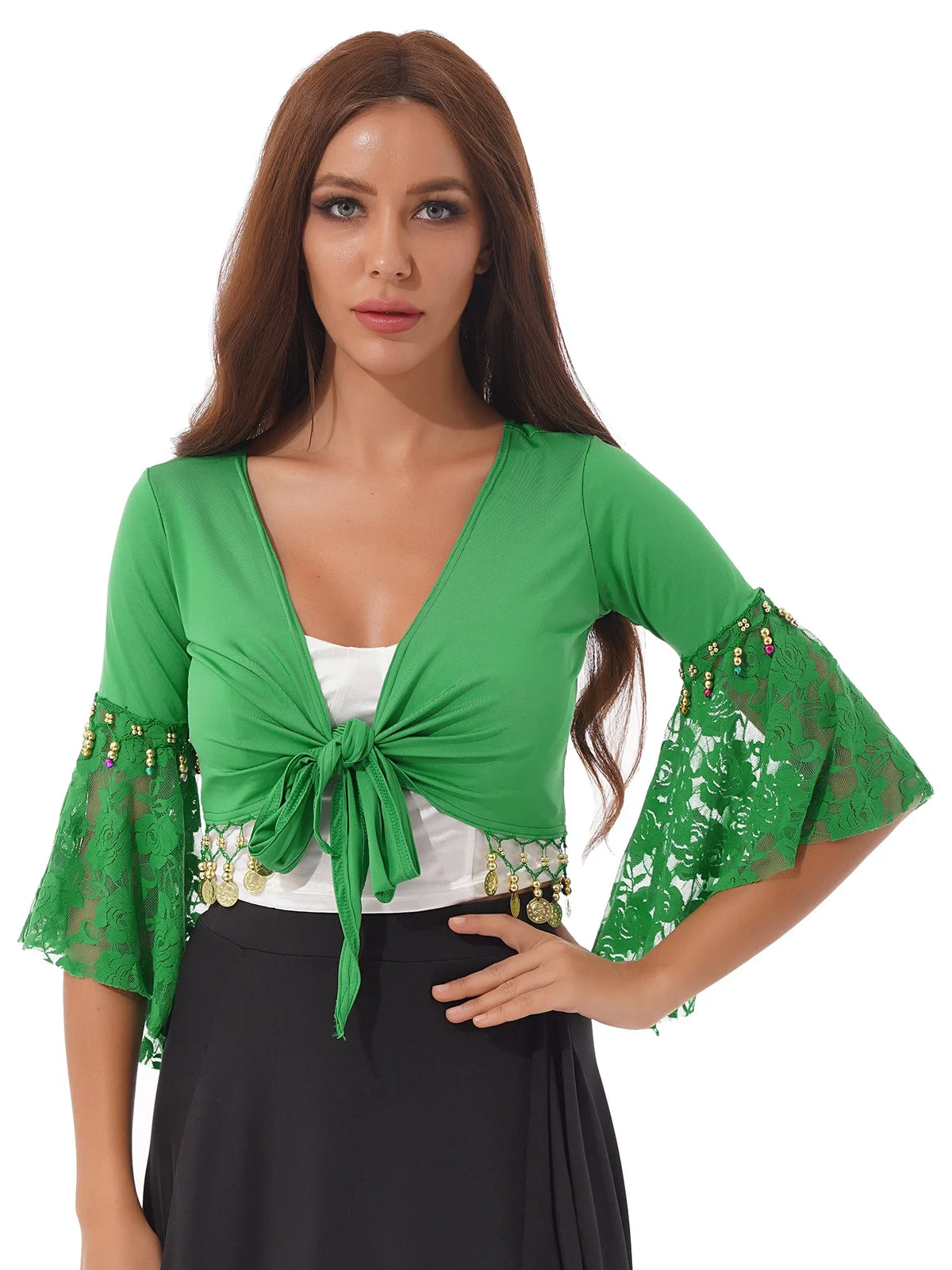 Coin & Bead Tassel Bolero | Bell Sleeve Belly Dance Shawl Top | 8 Colours | M–6XL