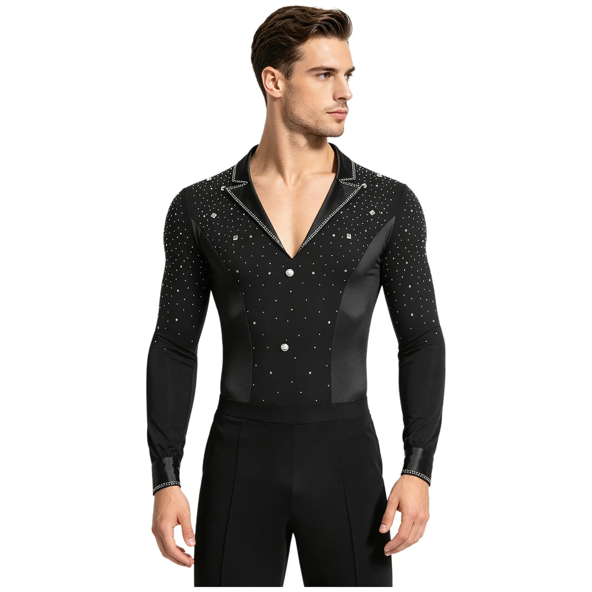 Men's Rhinestone Dance Leotard | V-Neck Lapel & Long Sleeve | Snap Crotch