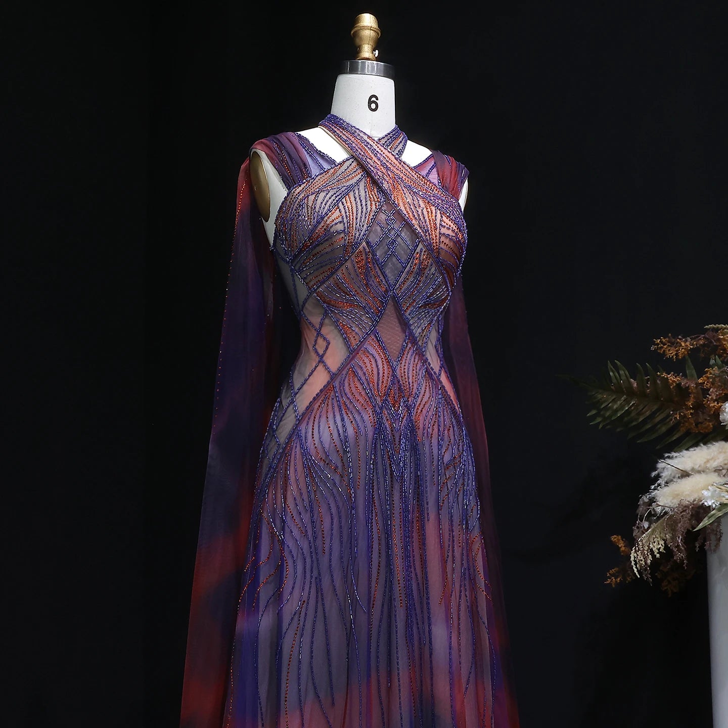 Purple Ombre Beaded Halter Pageant Gown | Criss-Cross Back | Sweep Train