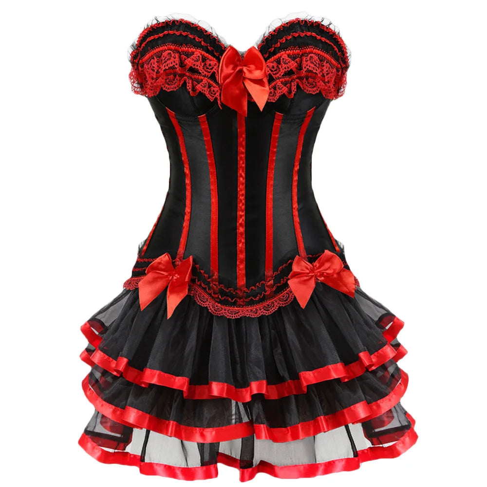 Striped Brocade Overbust Corset Dress | Tiered Ruffle Skirt | Burlesque & Cabaret | S–6XL
