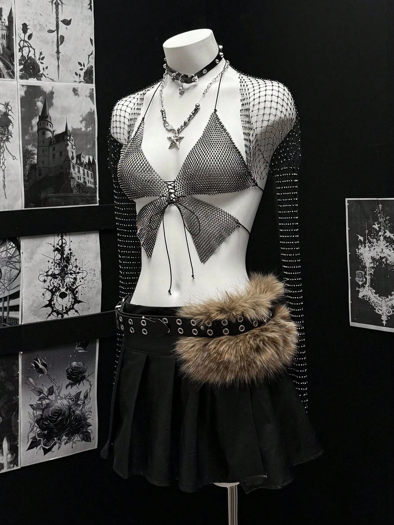 Rhinestone Mesh 2-Piece Set - Crop Top & Sheer Cover-Up