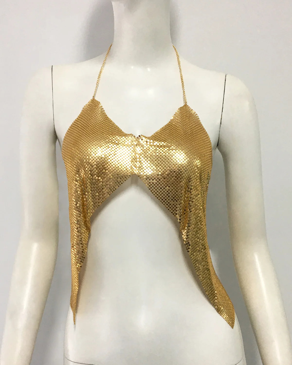 Metal Sequin Halter Crop Top - Deep V Backless Festival Tank