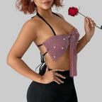 Rhinestone Sequin Bandage Halter Crop Top - Backless Party Tank