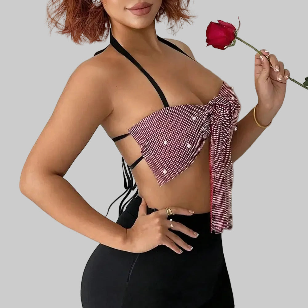 Rhinestone Sequin Bandage Halter Crop Top - Backless Party Tank