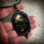 Gothic Castle Cameo Necklace | Crow & Bat | Rope Chain