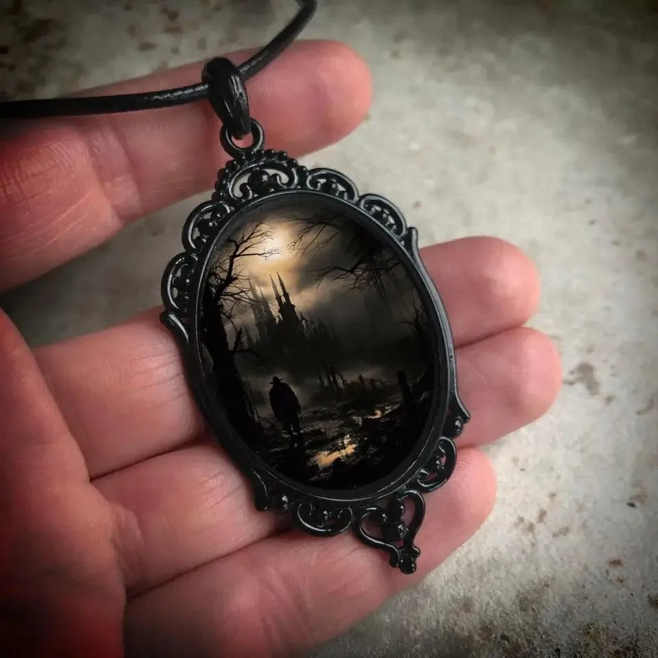 Gothic Castle Cameo Necklace | Crow & Bat | Rope Chain