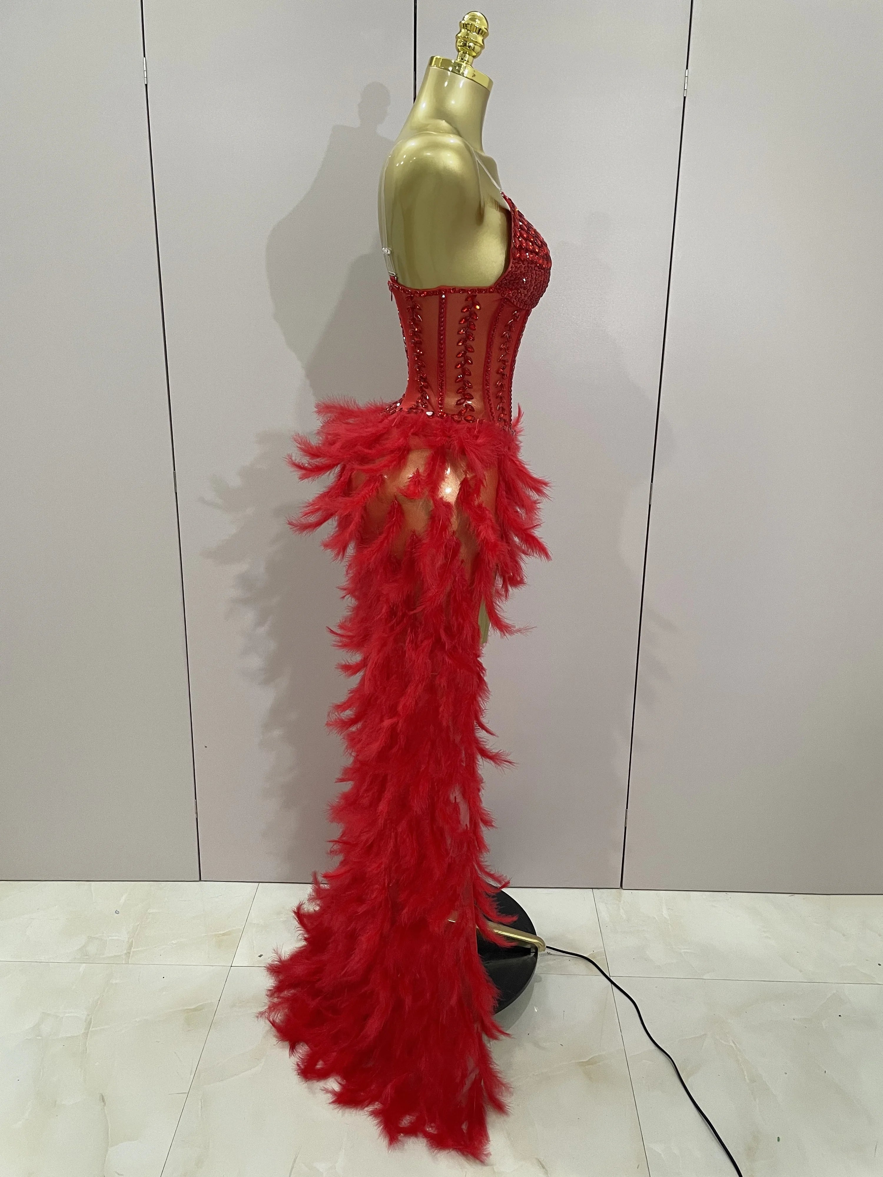 Rhinestone Corset Feather Gown | Long Feather Train | Red, Black & White