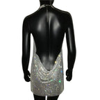 Crystal Rhinestone Halter Mini Dress - Backless Metal Mesh Cocktail Dress