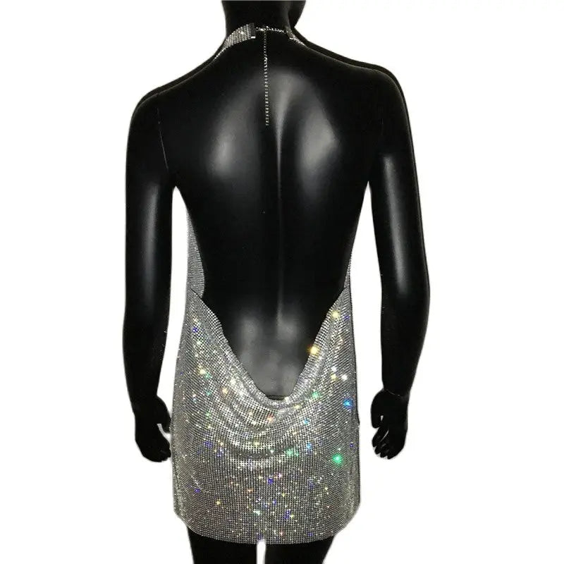 Crystal Rhinestone Halter Mini Dress - Backless Metal Mesh Cocktail Dress