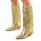 Knee-High Western Boots | Metallic Fringe