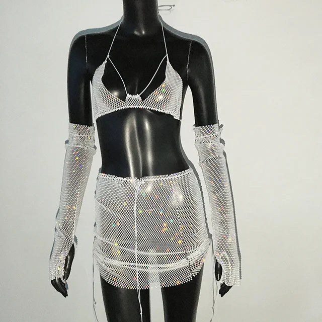 Rhinestone Three-Piece Set - Backless Crop Top, Skirt & Sleeves