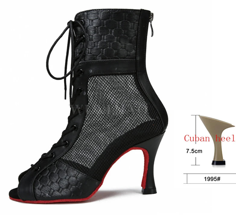 Mesh Lace-Up Latin Dance Ankle Boot | Cuban Heel | 7.5–9cm | Black