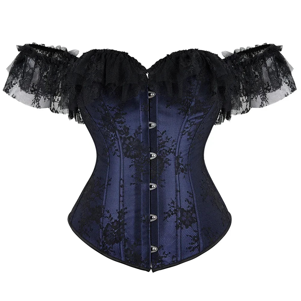 Off-Shoulder Satin Corset | Lace Ruffle Sleeves | Gothic Victorian