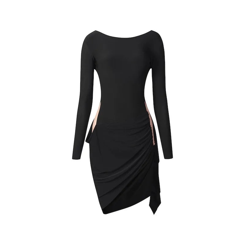 Latin Practice Dress | Open Back High Slit | Long Sleeve