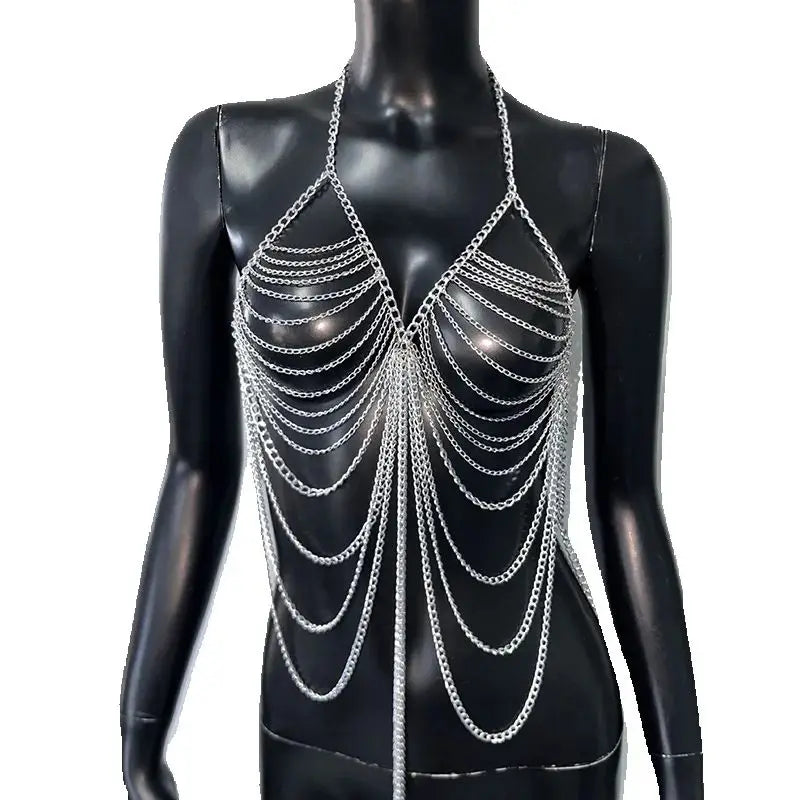 Metal Chain Tassel Body Chain Top - Backless Halter Sequin Tank