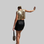 Metallic Sequin Patchwork Crop Top - Hollow-Out O-Neck