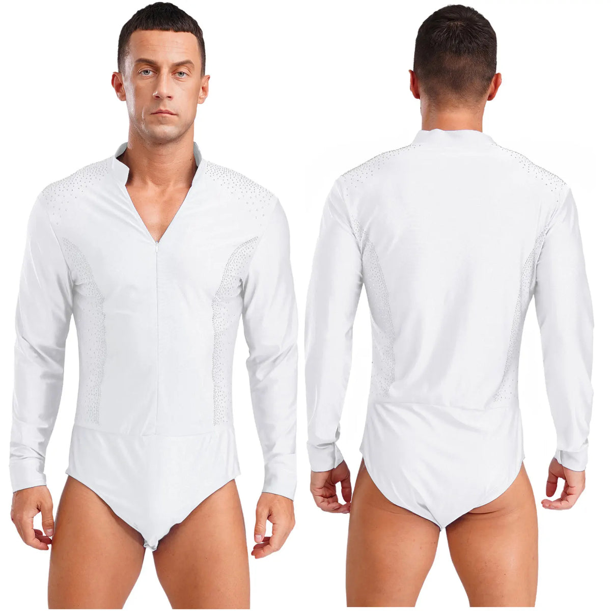 Men's Rhinestone Dance Leotard | Deep V-Neck & Velvet Mesh Patchwork | Long Sleeve