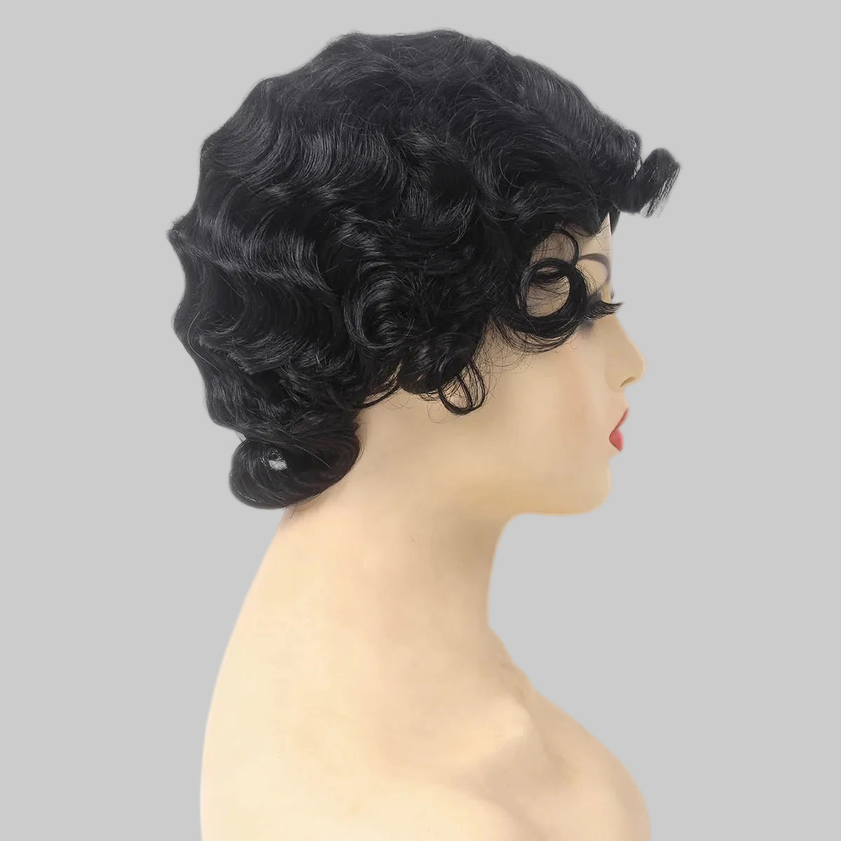 Elegant 1920s Finger Wave Wig - Short Curly Flapper Wig with Oblique Bangs (12 Inches)