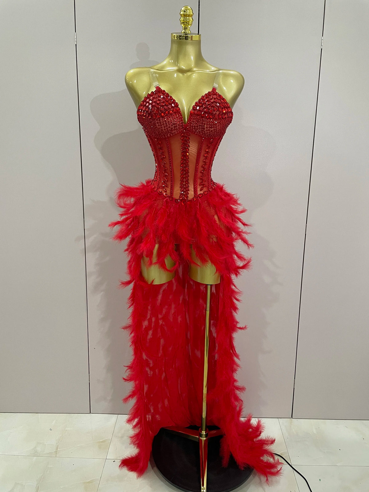 Rhinestone Feather Train Bodysuit | Stage Dress | S–XL