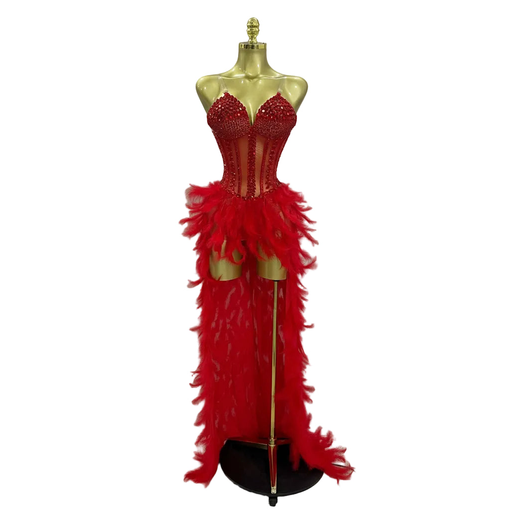 Rhinestone Corset Feather Gown | Long Feather Train | Red, Black & White