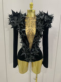 3D Gold Leaf Spike Bodysuit | Velvet Long Sleeve | Stage & Performance