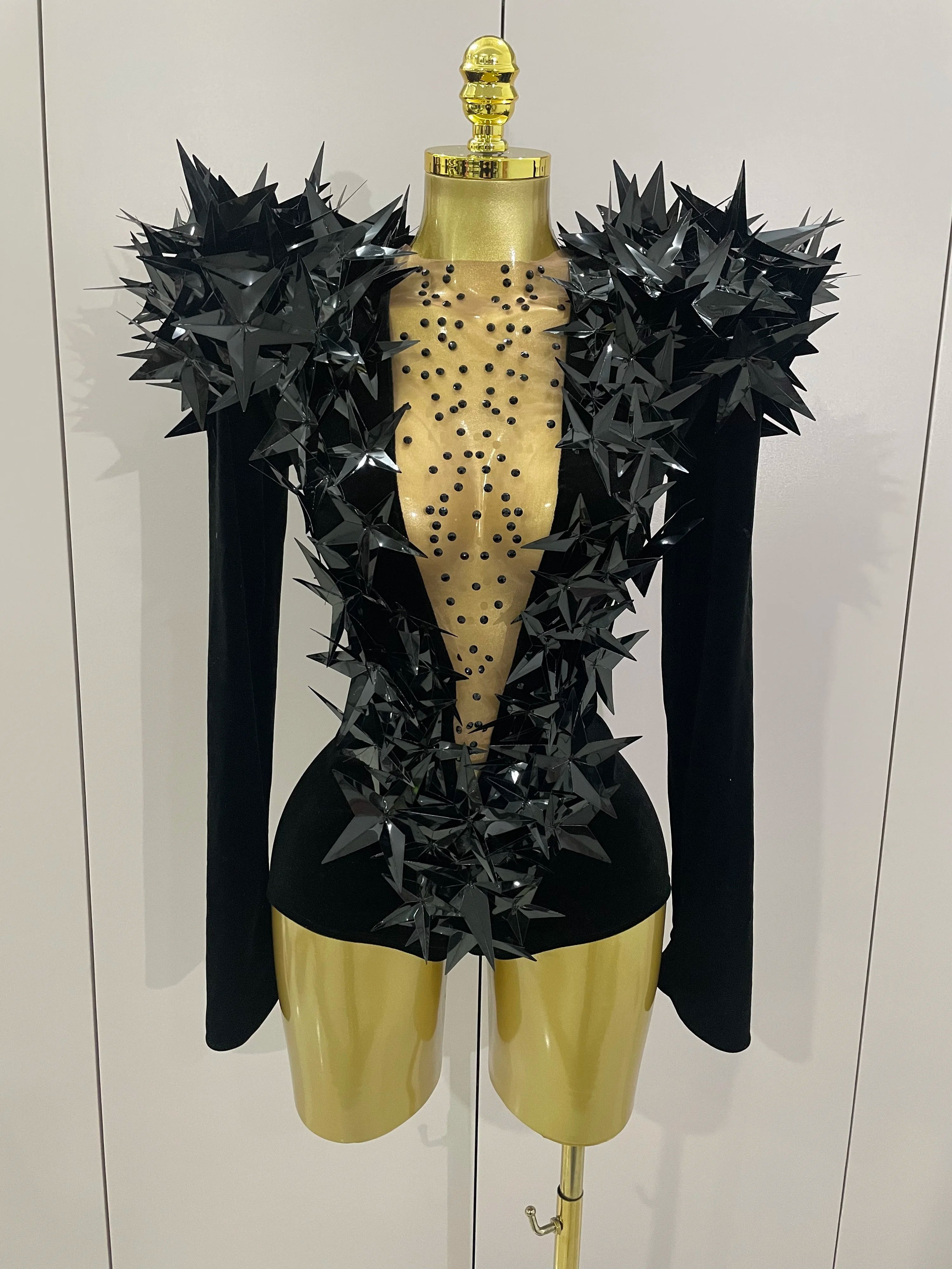 3D Gold Leaf Spike Bodysuit | Velvet Long Sleeve | Stage & Performance
