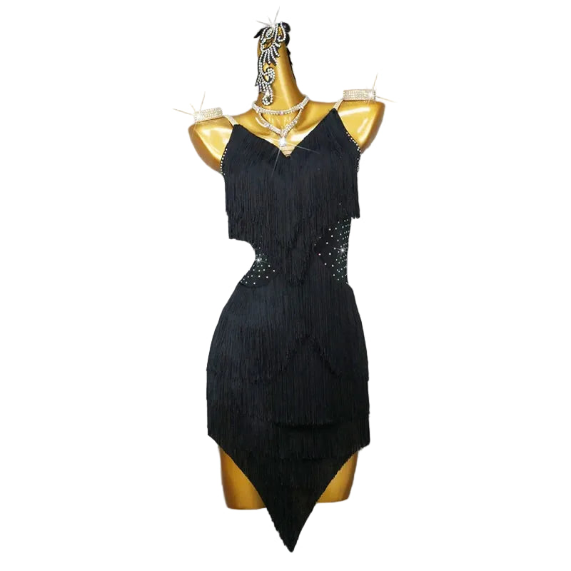 Rhinestone Fringe Latin Dance Dress with Ornaments Set