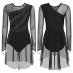 Rhinestone Sequin Leotard Dress | Mesh Long Sleeve | Gradient Skirt | Figure Skating