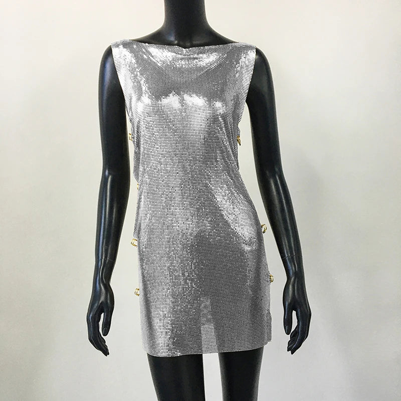 Metallic Sequin Mini Dress - Backless Sheer Party Dress