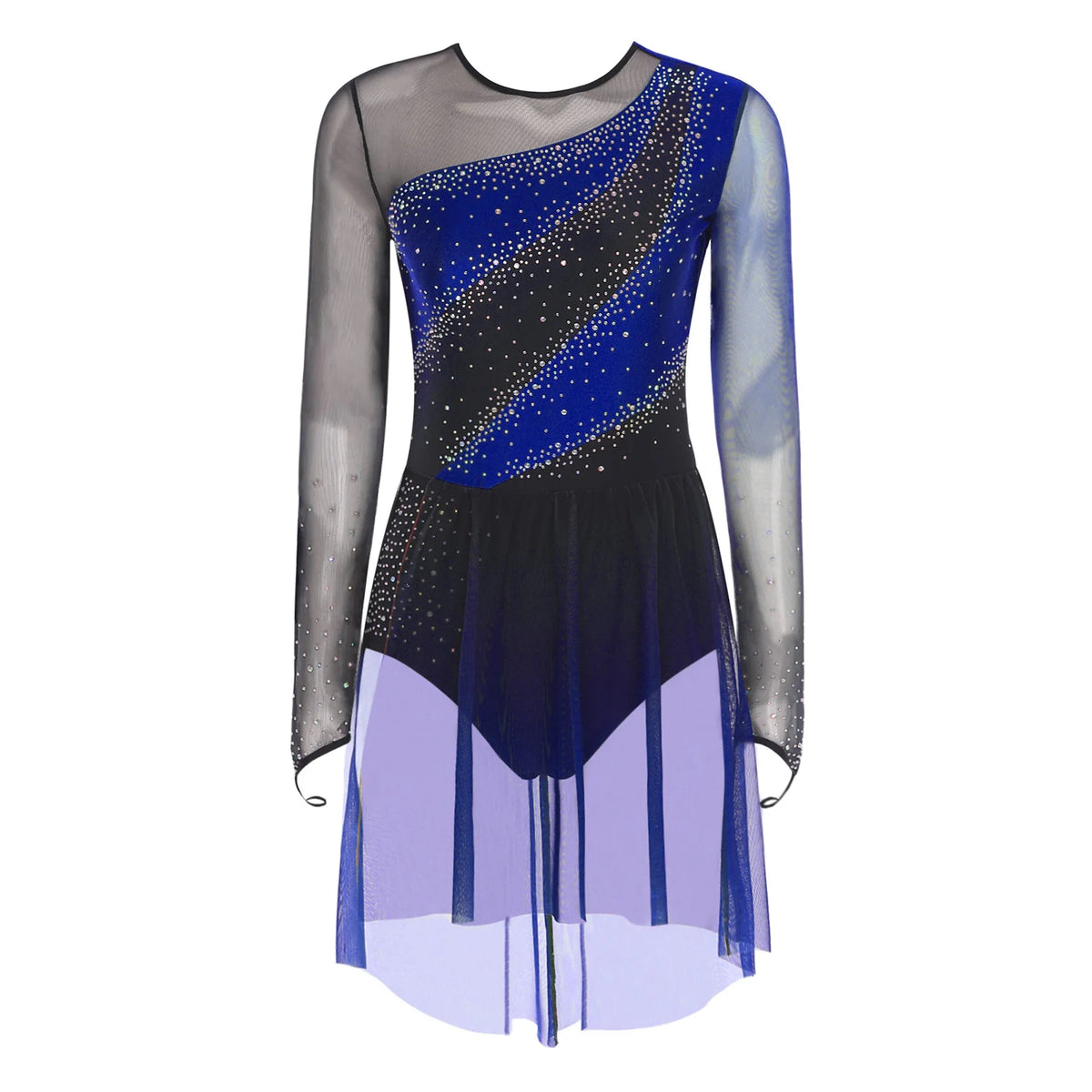 Rhinestone Sequin Leotard Dress | Mesh Long Sleeve | Gradient Skirt | Figure Skating