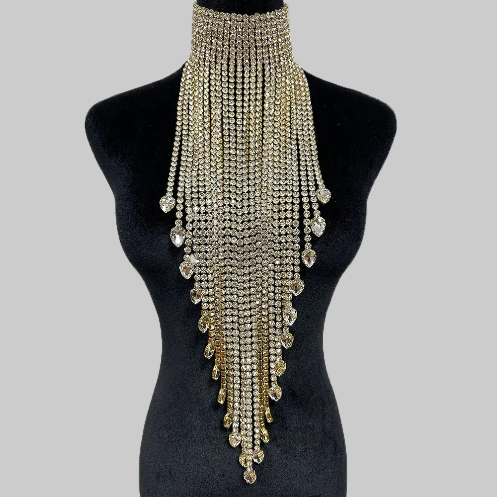 Rhinestone Choker Necklace - Long Tassel Crystal Statement Necklace
