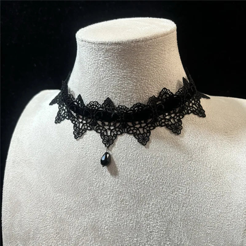 Lace Choker | Velvet Bow & Drop Pendant | Gothic