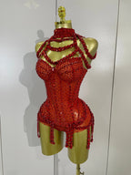 Rhinestone Harness Bodysuit | Garter Straps | Red