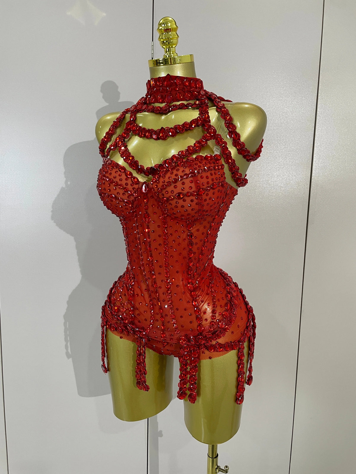 Rhinestone Harness Bodysuit | Garter Straps | Red
