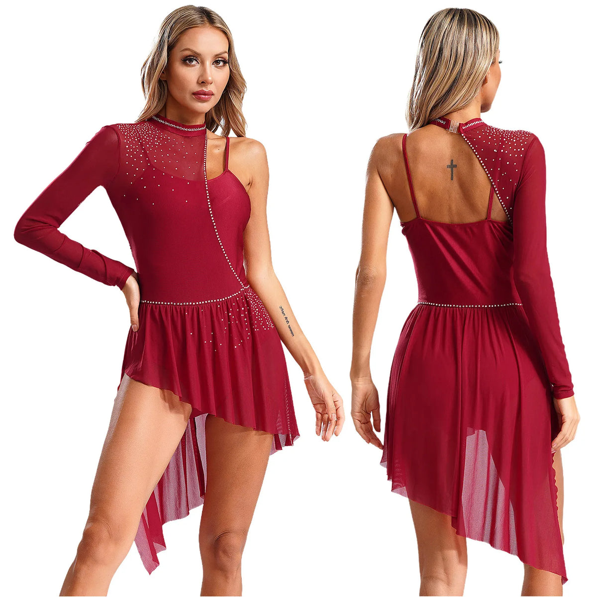 Rhinestone Lyrical Dance Dress | One Shoulder | Mesh Overlay