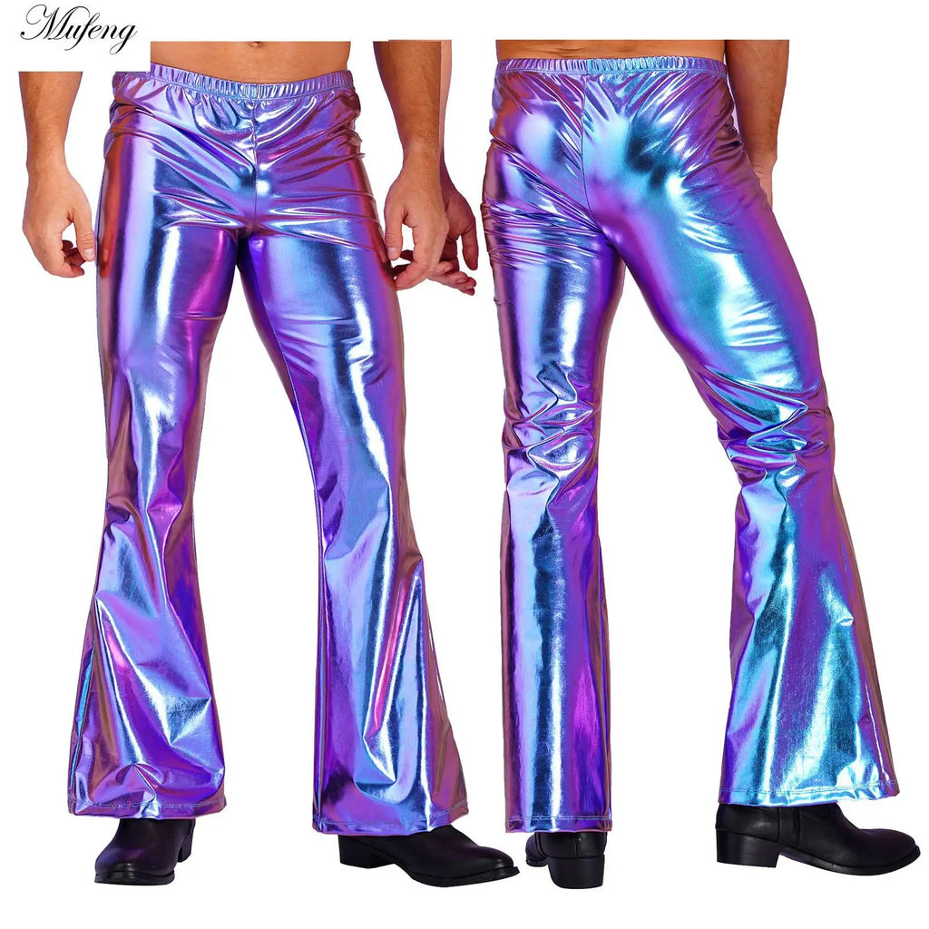 Men's Metallic Bell Bottom Pants | Holographic Flare | 70s Disco