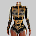 Luxe Black & Gold Diamond Embellished Fringe Bodysuit – Stage Performance Edition
