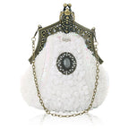 Retro Pearl & Sequin Beaded Clutch | Antique Gold Frame Bag