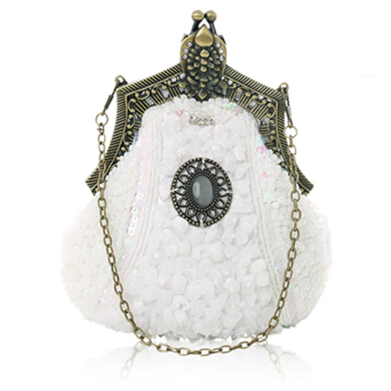 Retro Pearl & Sequin Beaded Clutch | Antique Gold Frame Bag