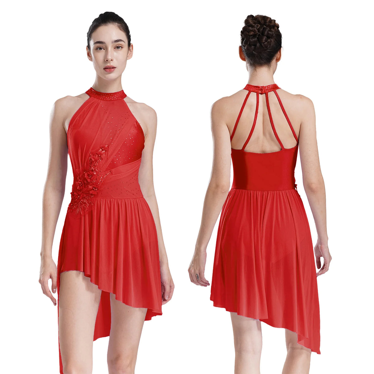 Applique Rhinestone Lyrical Dress | Mock Neck | 4-Strap Back