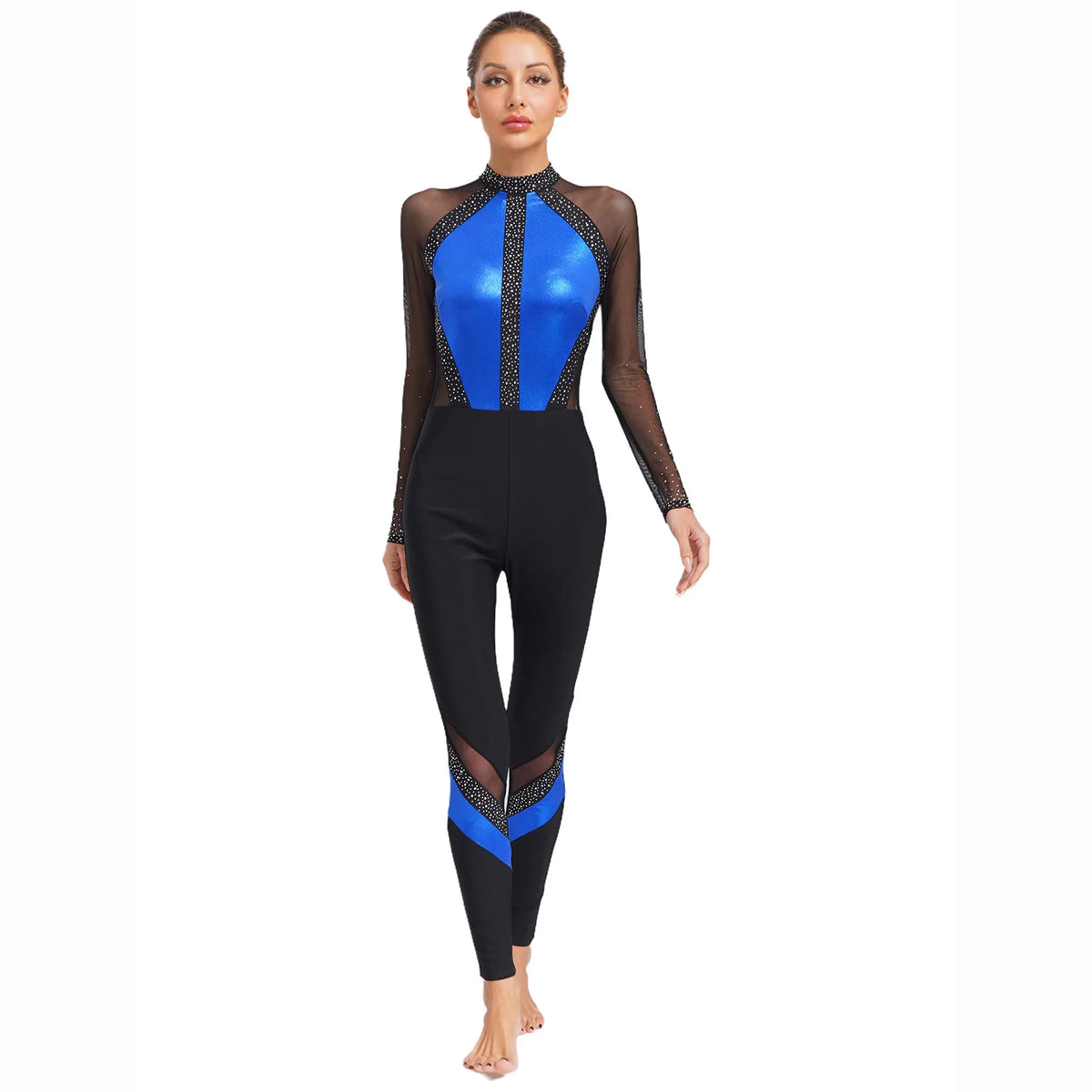 Women's Rhinestone Color-Block Dance Jumpsuit | Sheer Mesh Long Sleeve & Ankle Length | Gymnastics & Performance