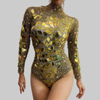 Shining Gold Rhinestones Mirrors Bodysuit - Performance Stage Costume