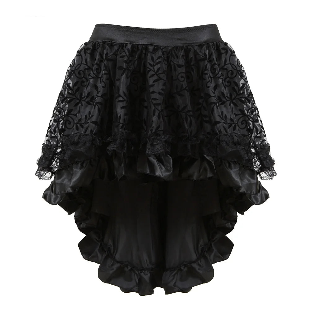 Black Gothic Overbust Corset | Hi-Low Ruffle Skirt | Lace Trim | XXS–6XL