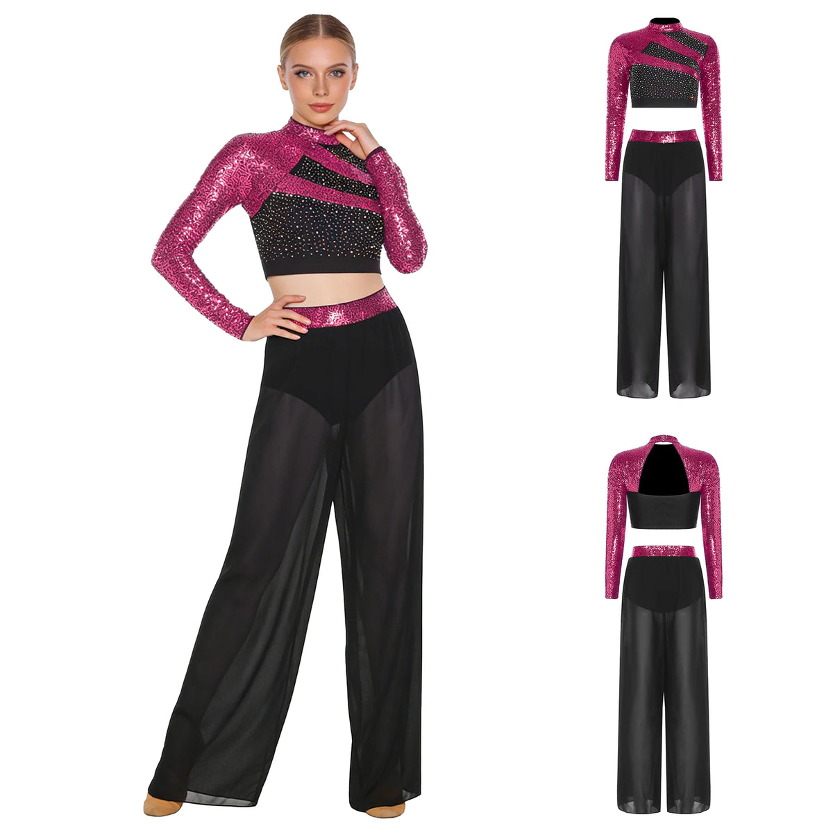 Women's Sequin Crop Top & Side-Split Chiffon Pants | Mock Neck & Cutout Back | 2-Piece Dance Set